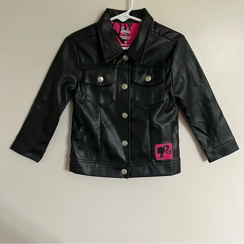 Barbie Girls‎ Black Faux Leather Moto Jacket Pink Logo 3T Trucker Coat Mattel